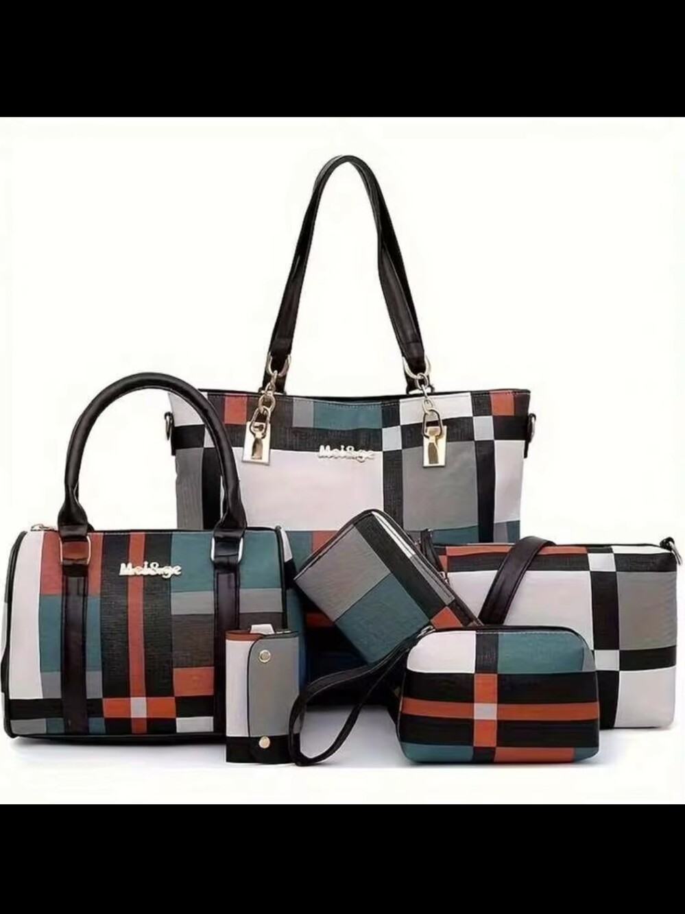 FIRM PRICE Mei & Ge Geometric Plaid multi-piece handbag 6 Pc set Multicolor